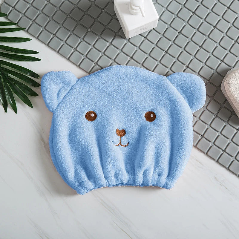 Dry Hair Cap For Women Quick-drying Absorbent Thick Microfiber Head Towel Korean Cute Bear Embroidered Shower Cap Towel