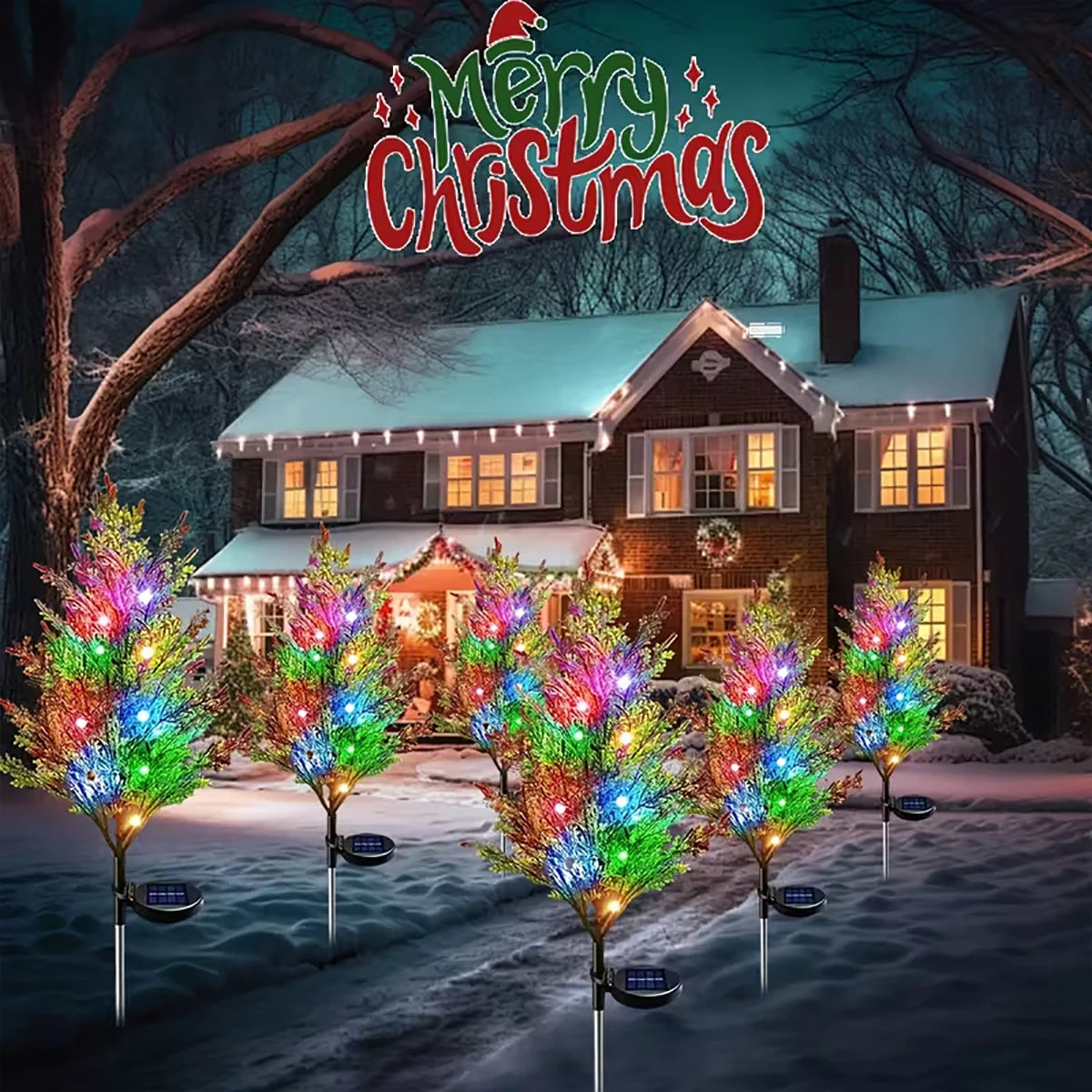 1pc color solar Christmas pine tree lamp, Christmas garden floor lamp, suitable for garden passages and Christmas decoration