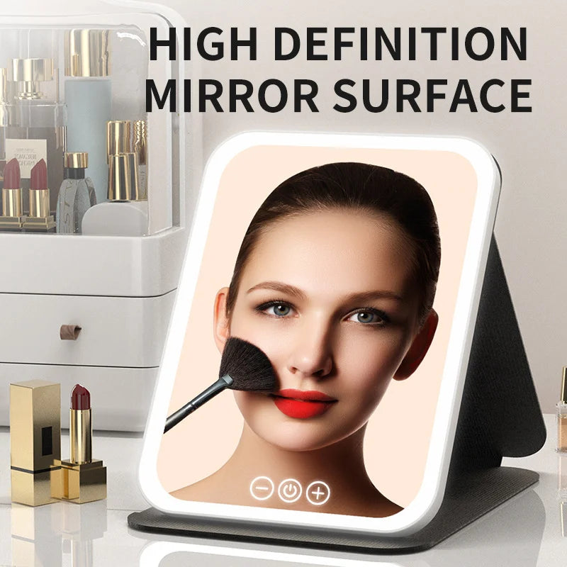 LED Dimmable Makeup Mirror 3 Colors Light Modes Adjust Brightness USB Charing Fold Mirror Tabletop Vanity Mirror for Travel Home