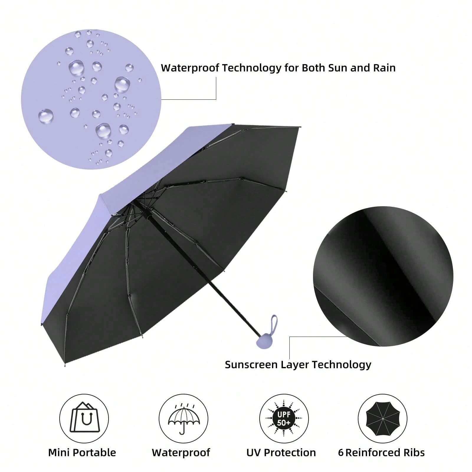 1pc Anti-Uv Mini Umbrella For Sunny And Rainy Days, Portable With Uv Coating And 6 Reinforced Ribs