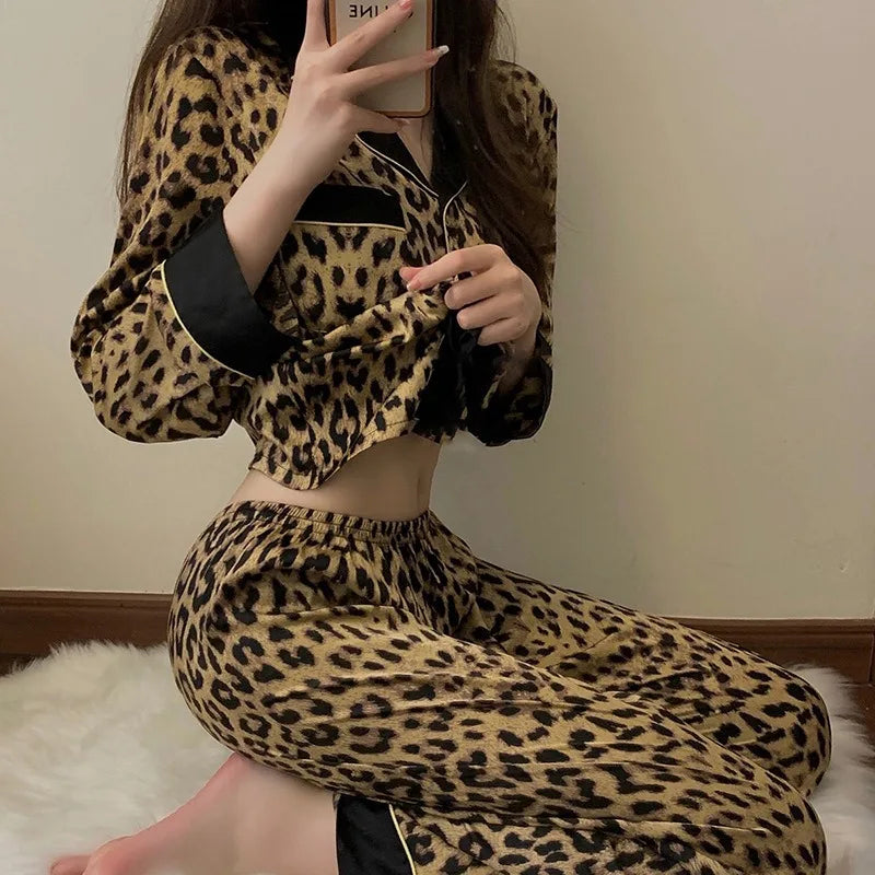 Thailand Spring and Fall Pajamas Set Women's Fashion Leopard Print Long-Sleeved Sleepwear Loungewear Ladies Upscale Homewear