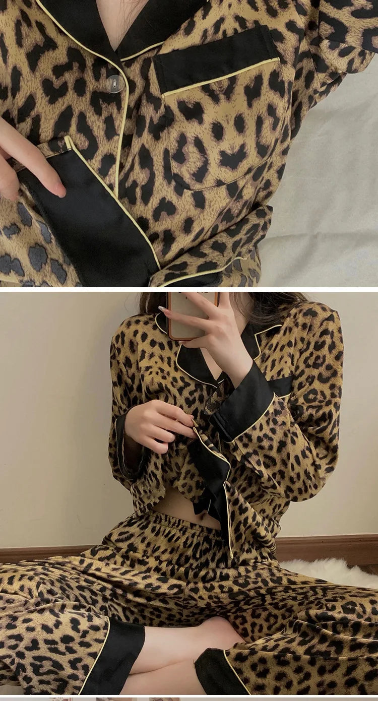 Thailand Spring and Fall Pajamas Set Women's Fashion Leopard Print Long-Sleeved Sleepwear Loungewear Ladies Upscale Homewear