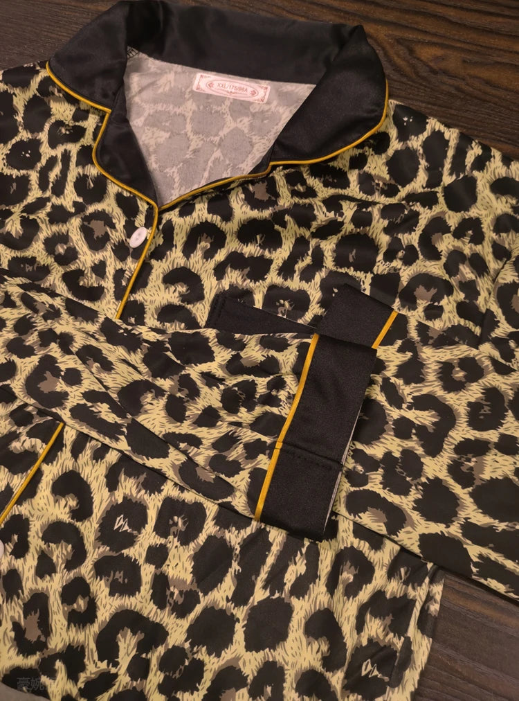 Thailand Spring and Fall Pajamas Set Women's Fashion Leopard Print Long-Sleeved Sleepwear Loungewear Ladies Upscale Homewear
