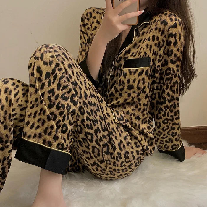 Thailand Spring and Fall Pajamas Set Women's Fashion Leopard Print Long-Sleeved Sleepwear Loungewear Ladies Upscale Homewear
