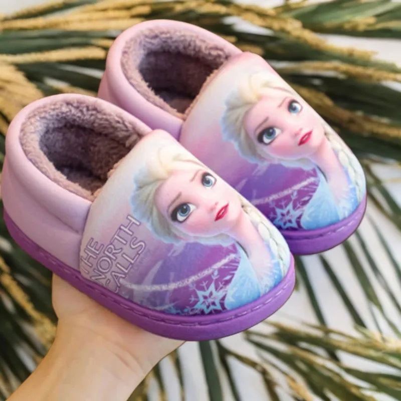 Disney Princess Sofia Elsa Winter Children's Cotton Slippers Girl's Parent-child Snow Non Slip Warm Baby Slippers Size 24-39