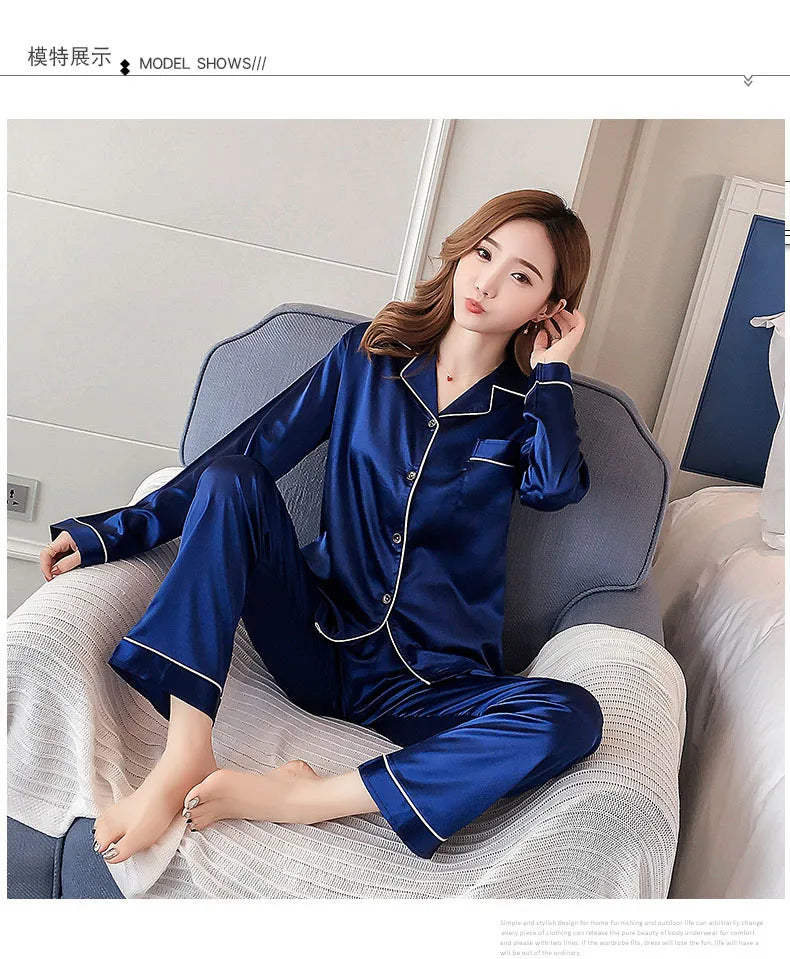 Pajamas Sets for Women Sexy Silk Polyester Women Pijama Sets Sleepwear Long-sleeve Cardigan Set Female Pyjamas Home Clothing