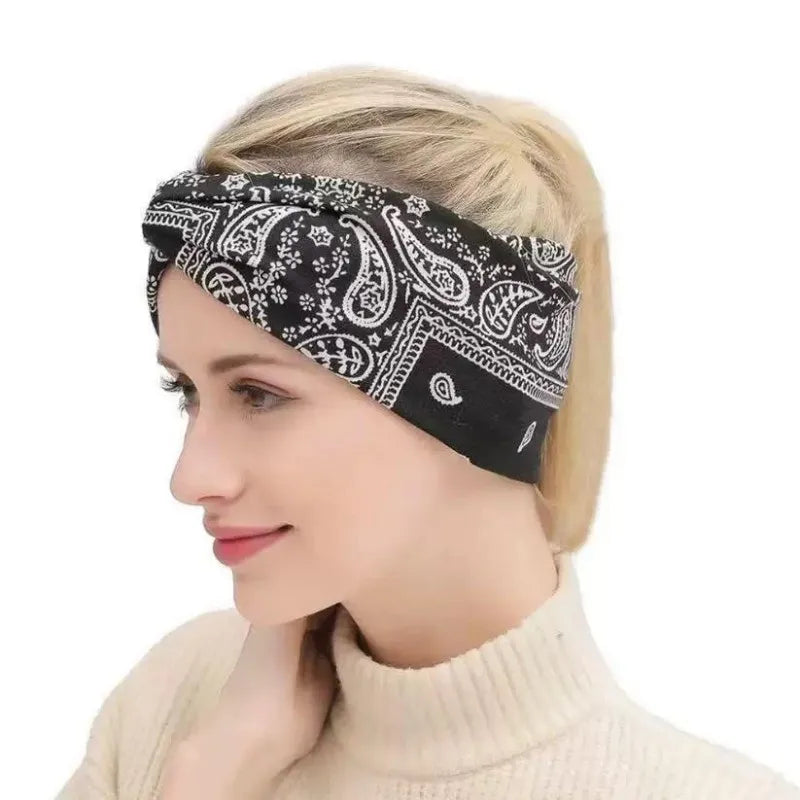 Bohemian Print Wide Headband - Water Absorbent, Cross Straps, Suitable For Yoga, Running And Everyday Use