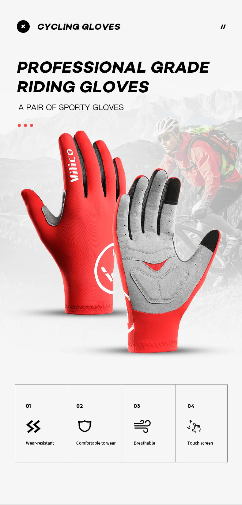 Vilico Professional Outdoor Cycling Gloves With Sensitive Touch Screen Shock Absorption Anti Slip Wear-resistant Riding Gloves