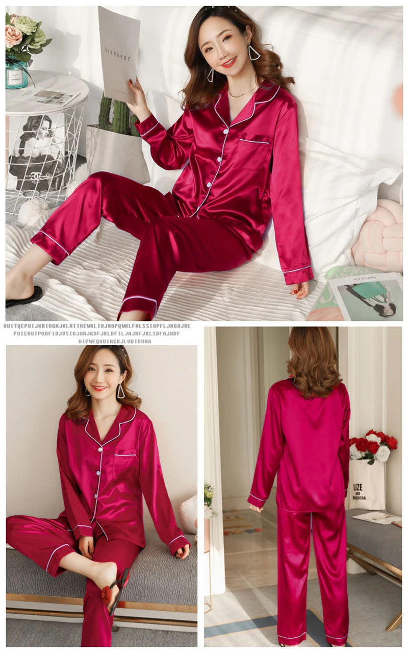 Pajamas Sets for Women Sexy Silk Polyester Women Pijama Sets Sleepwear Long-sleeve Cardigan Set Female Pyjamas Home Clothing