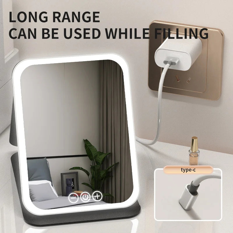 LED Dimmable Makeup Mirror 3 Colors Light Modes Adjust Brightness USB Charing Fold Mirror Tabletop Vanity Mirror for Travel Home