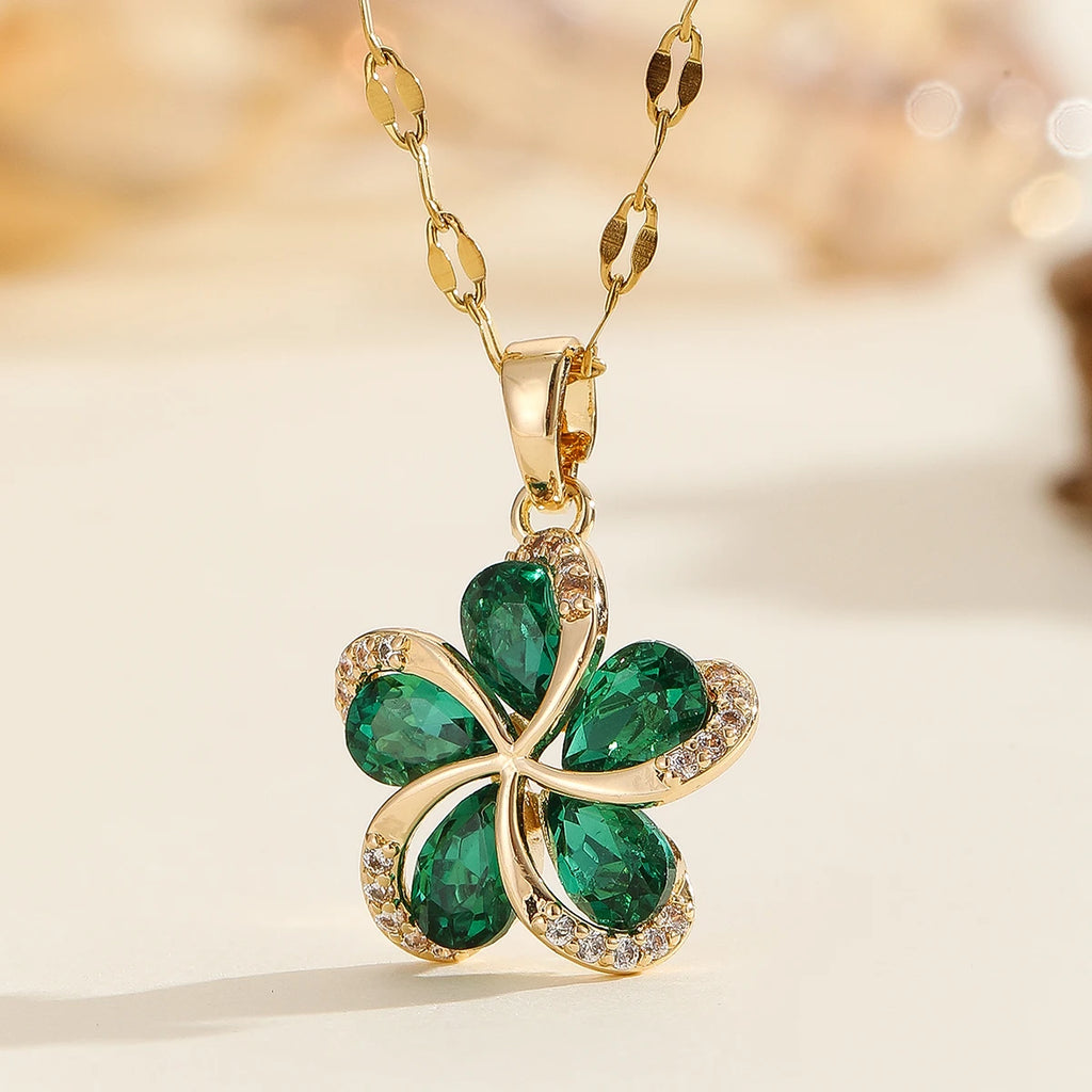 DIEYURO 316L Stainless Steel Green Zircon Flowers Pendant Necklace For Women New Luxury Girls Lucky Chain Birthday Jewelry Gifts