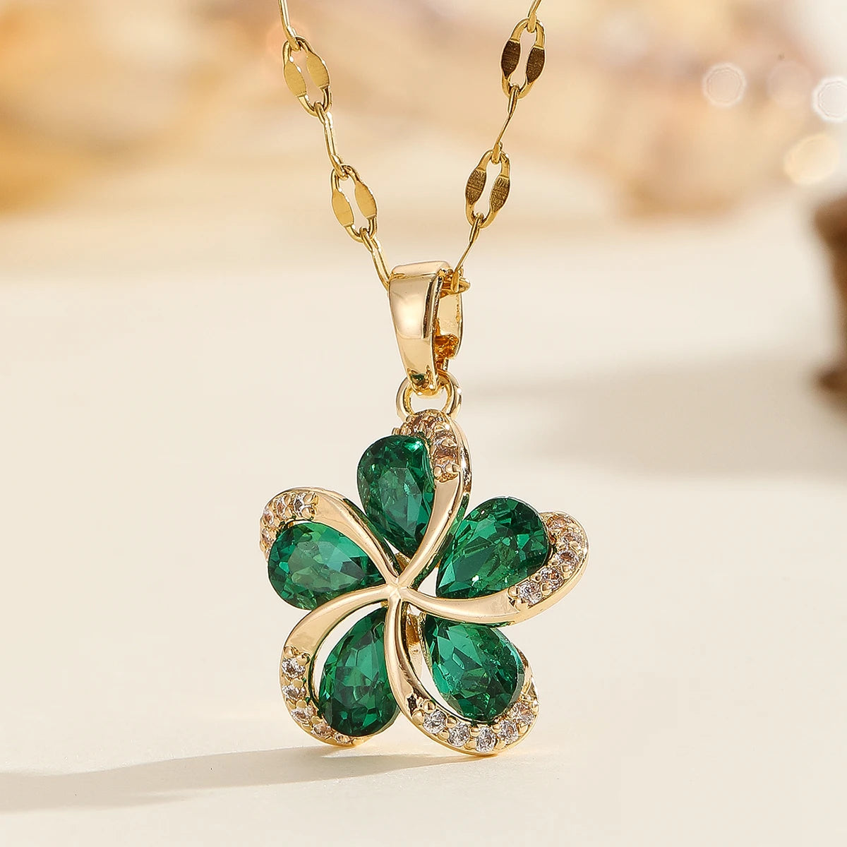 DIEYURO 316L Stainless Steel Green Zircon Flowers Pendant Necklace For Women New Luxury Girls Lucky Chain Birthday Jewelry Gifts