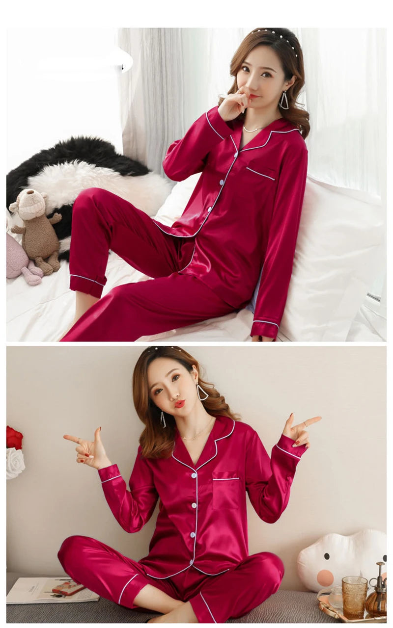 Pajamas Sets for Women Sexy Silk Polyester Women Pijama Sets Sleepwear Long-sleeve Cardigan Set Female Pyjamas Home Clothing