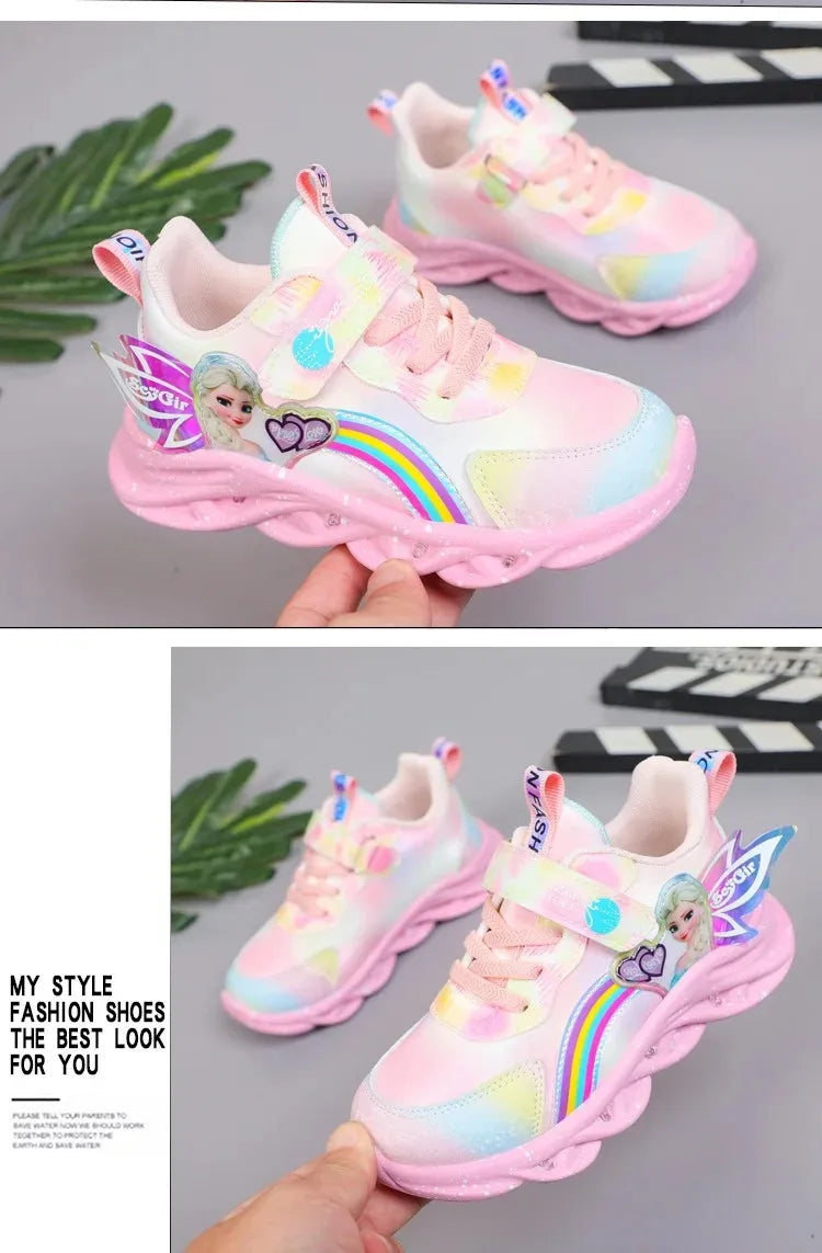 Disney Girls' Casual Shoes Led Lights Mesh Breathable Children's Sports  Princess Elsa Pink Purple Shoes Sneakers Size 22-35