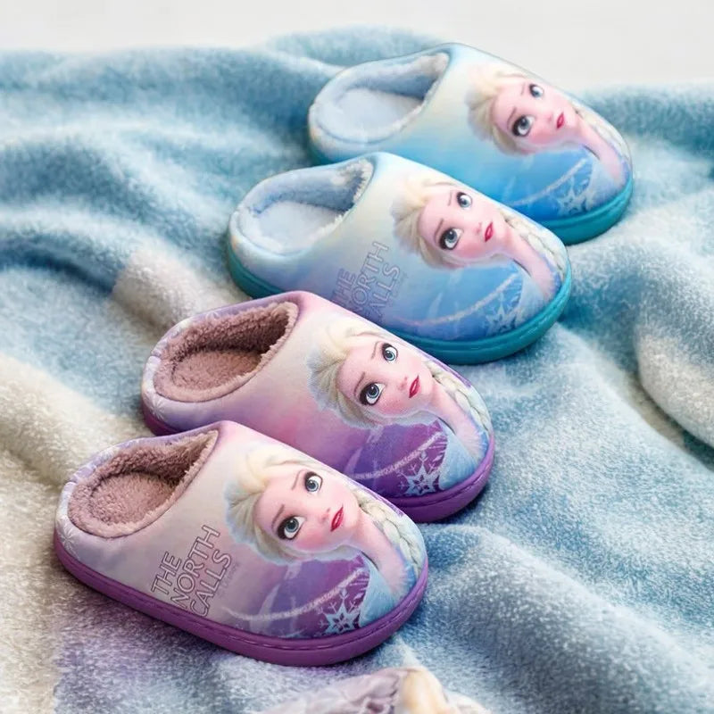 Disney Princess Sofia Elsa Winter Children's Cotton Slippers Girl's Parent-child Snow Non Slip Warm Baby Slippers Size 24-39