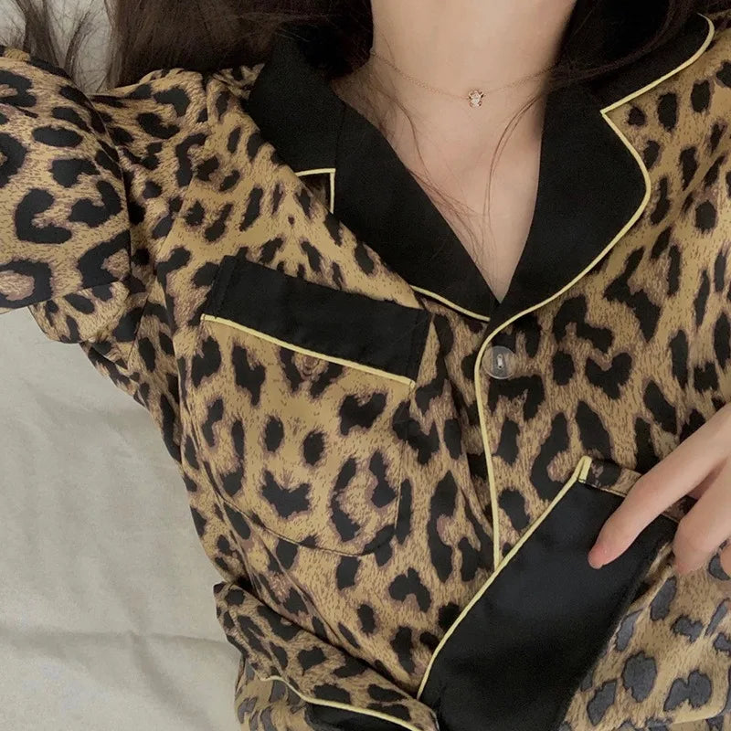 Thailand Spring and Fall Pajamas Set Women's Fashion Leopard Print Long-Sleeved Sleepwear Loungewear Ladies Upscale Homewear