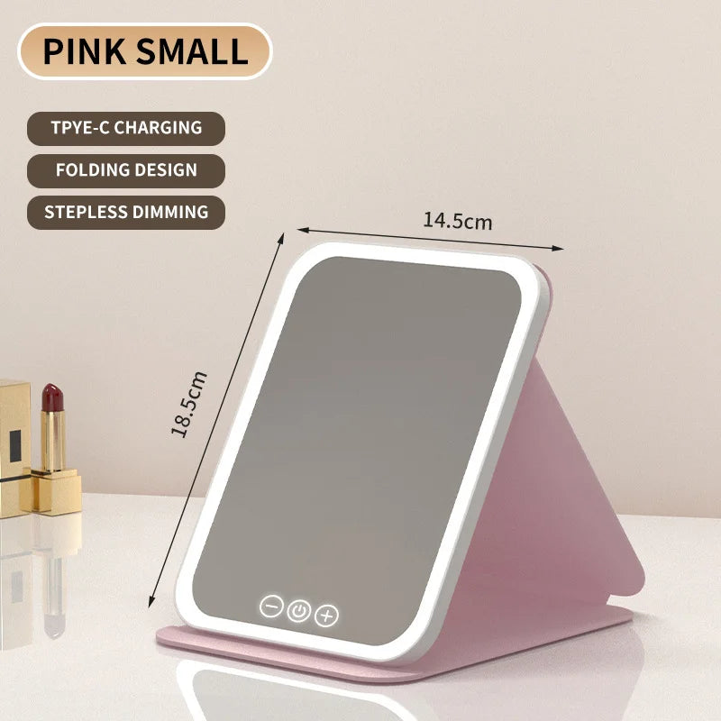 LED Dimmable Makeup Mirror 3 Colors Light Modes Adjust Brightness USB Charing Fold Mirror Tabletop Vanity Mirror for Travel Home