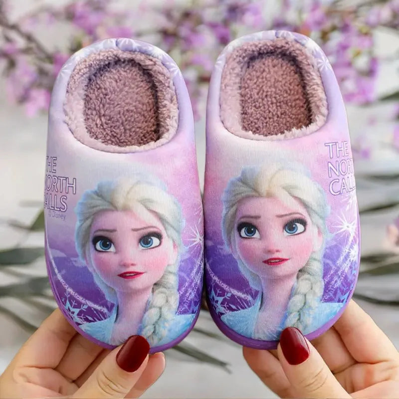 Disney Princess Sofia Elsa Winter Children's Cotton Slippers Girl's Parent-child Snow Non Slip Warm Baby Slippers Size 24-39