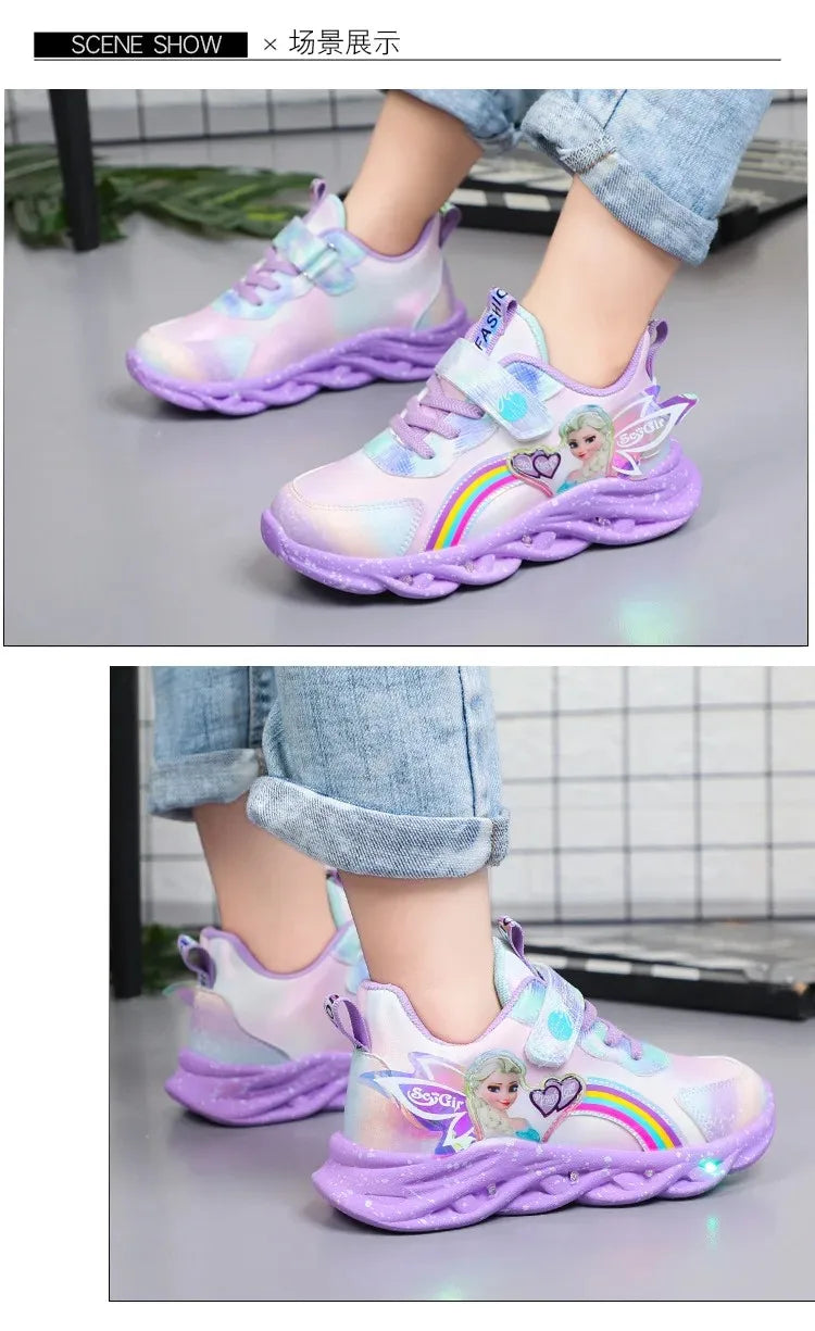 Disney Girls' Casual Shoes Led Lights Mesh Breathable Children's Sports  Princess Elsa Pink Purple Shoes Sneakers Size 22-35