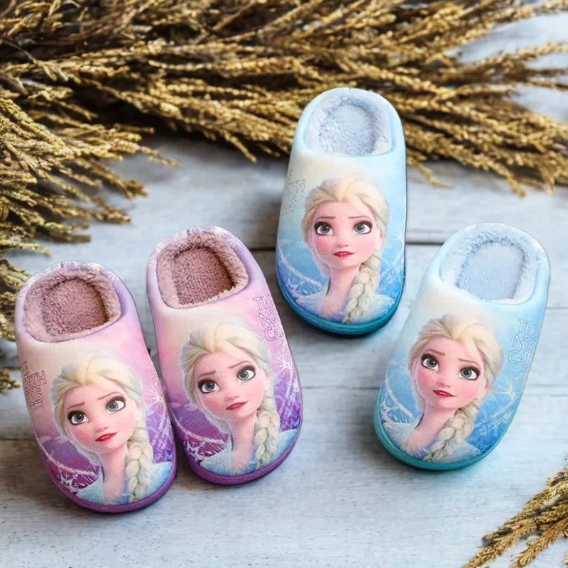 Disney Princess Sofia Elsa Winter Children's Cotton Slippers Girl's Parent-child Snow Non Slip Warm Baby Slippers Size 24-39