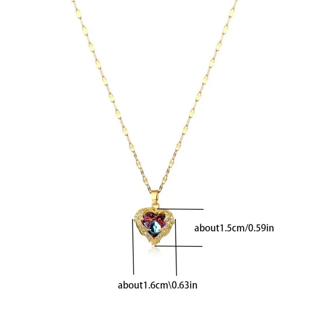Top Luxury Colorful Crystal Ocean Heart Pendant Necklace For Women Trendy 316L Stainless Steel Jewelry Female Wedding Neck Chain