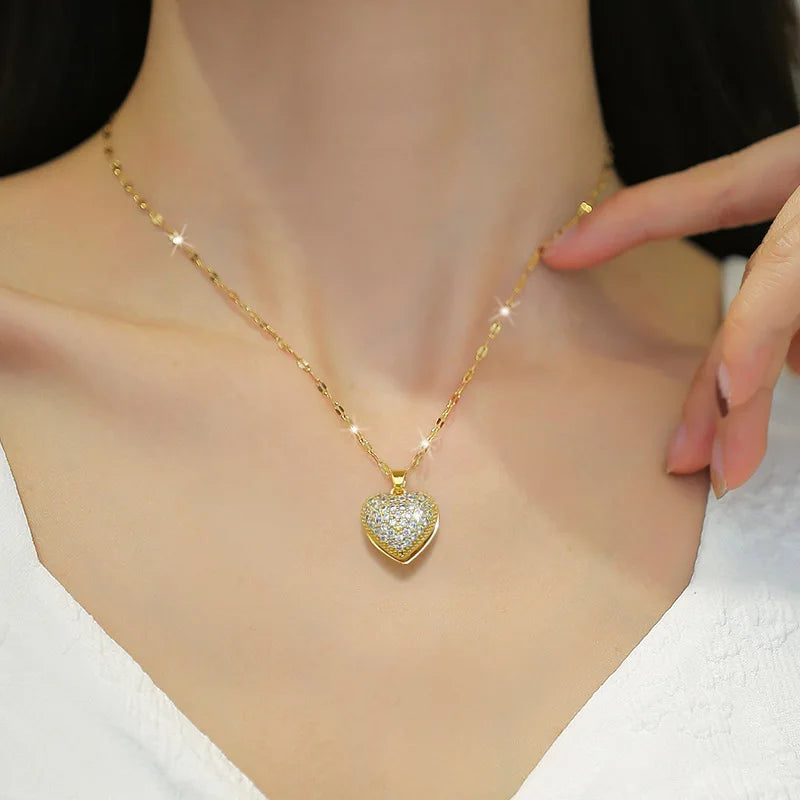 ZAKOL French Shell Pearl Necklace For Women Gold Color Stainless Steel Zircon Love Heart Clavicle Chain Choker Wedding Jewelry
