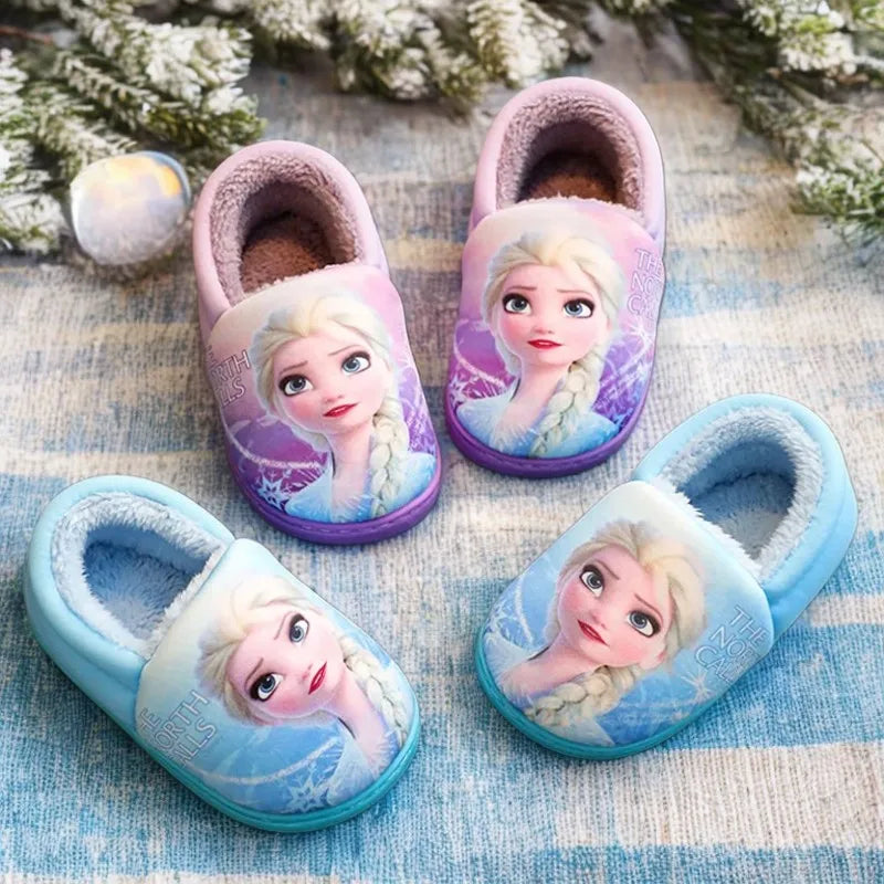 Disney Princess Sofia Elsa Winter Children's Cotton Slippers Girl's Parent-child Snow Non Slip Warm Baby Slippers Size 24-39