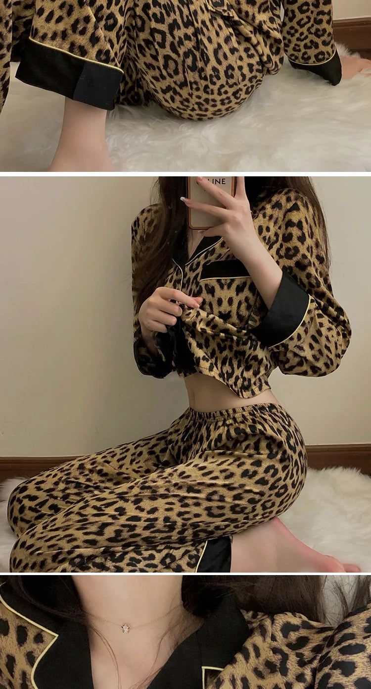 Thailand Spring and Fall Pajamas Set Women's Fashion Leopard Print Long-Sleeved Sleepwear Loungewear Ladies Upscale Homewear