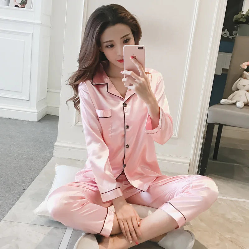 Pajamas Sets for Women Sexy Silk Polyester Women Pijama Sets Sleepwear Long-sleeve Cardigan Set Female Pyjamas Home Clothing
