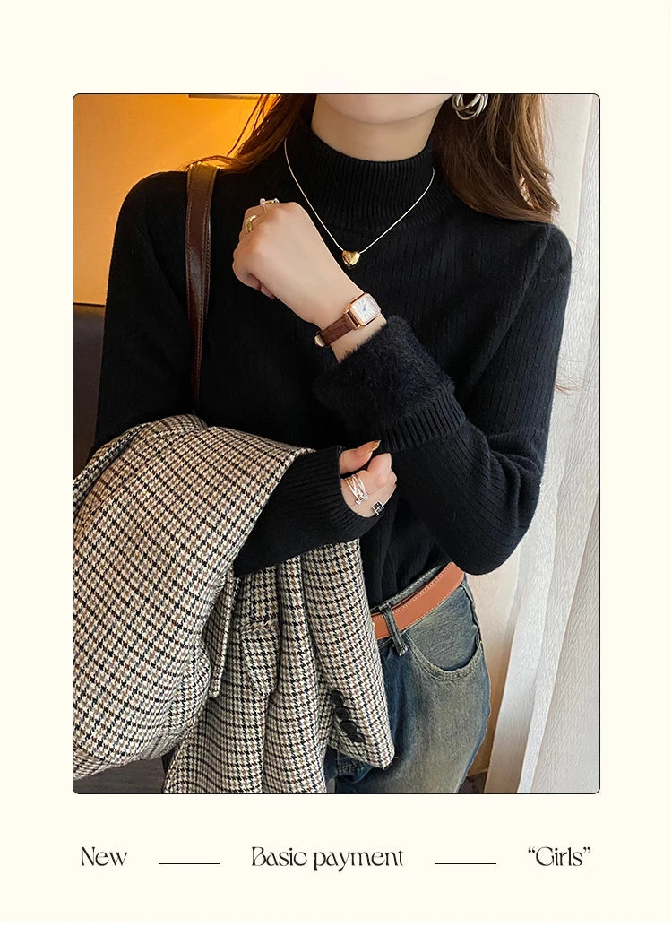 Women's Turtleneck Sweater Winter 2025 Retro with Velvet Lining Thickened Inner Wear Thermal Knitting Bottoming Shirt Pullovers