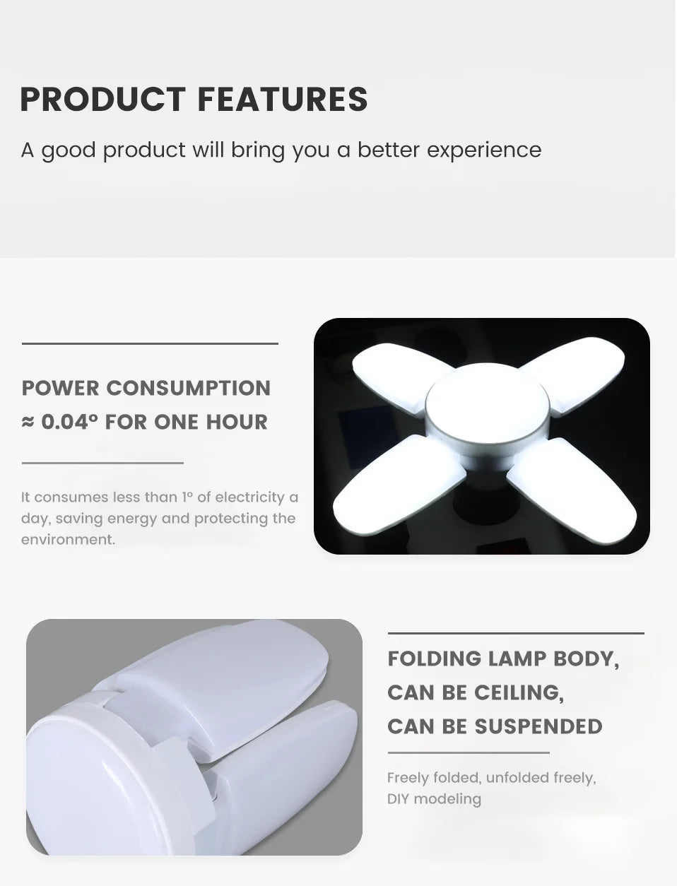 E27 Fan Shape Foldable 28W LED Bulb AC220V/110V Deformation for Home Ceiling Lights Warehouse and Garage White Leaf Light 6500K