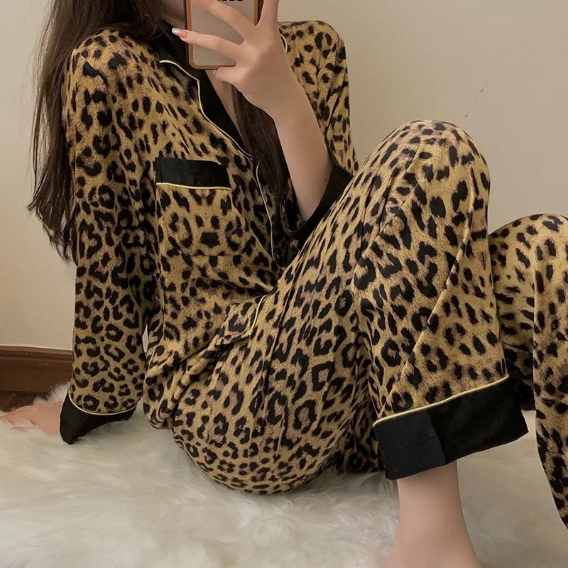 Thailand Spring and Fall Pajamas Set Women's Fashion Leopard Print Long-Sleeved Sleepwear Loungewear Ladies Upscale Homewear
