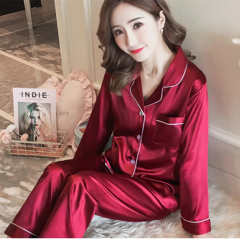 Pajamas Sets for Women Sexy Silk Polyester Women Pijama Sets Sleepwear Long-sleeve Cardigan Set Female Pyjamas Home Clothing
