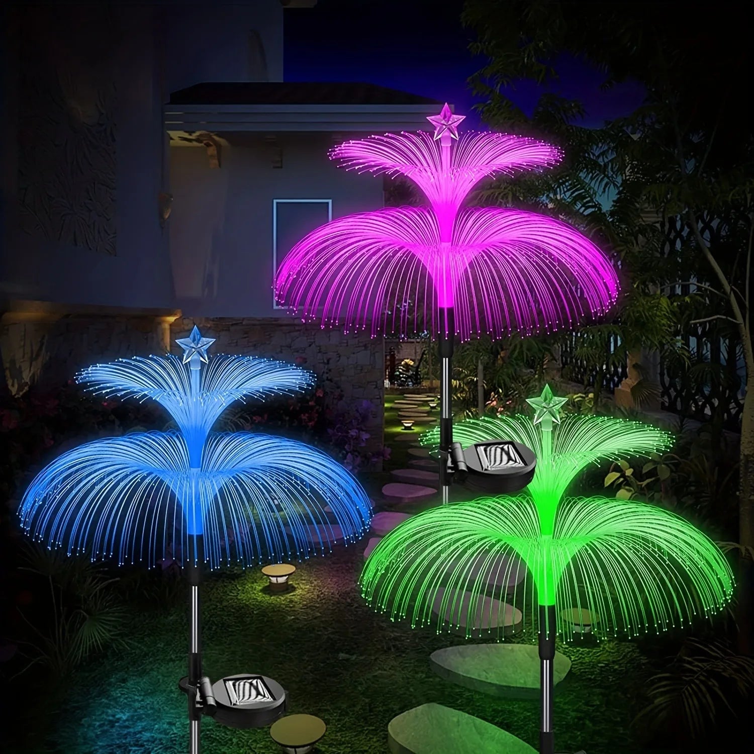 1PC Outdoor Solar Garden Lights 7 Colors Variable Solar Stake Jellyfish Reed Lights Solar Outdoor Color Changing Lights