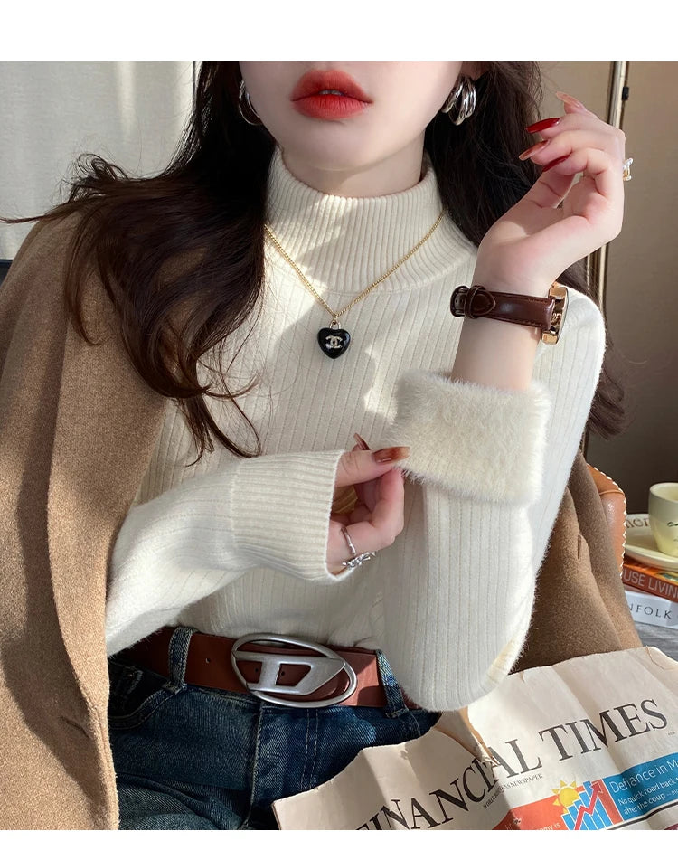 Women's Turtleneck Sweater Winter 2025 Retro with Velvet Lining Thickened Inner Wear Thermal Knitting Bottoming Shirt Pullovers