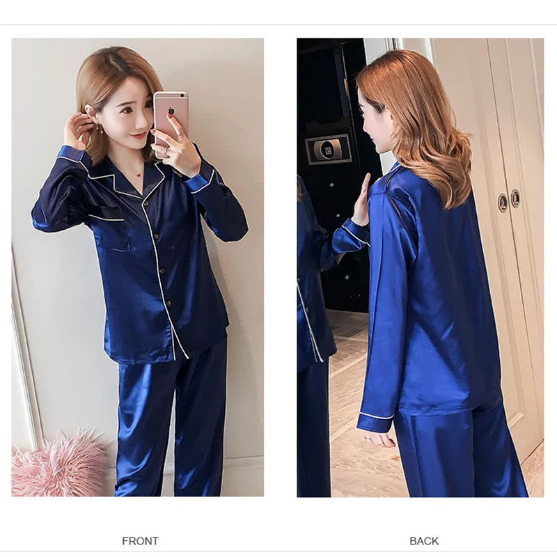 Pajamas Sets for Women Sexy Silk Polyester Women Pijama Sets Sleepwear Long-sleeve Cardigan Set Female Pyjamas Home Clothing